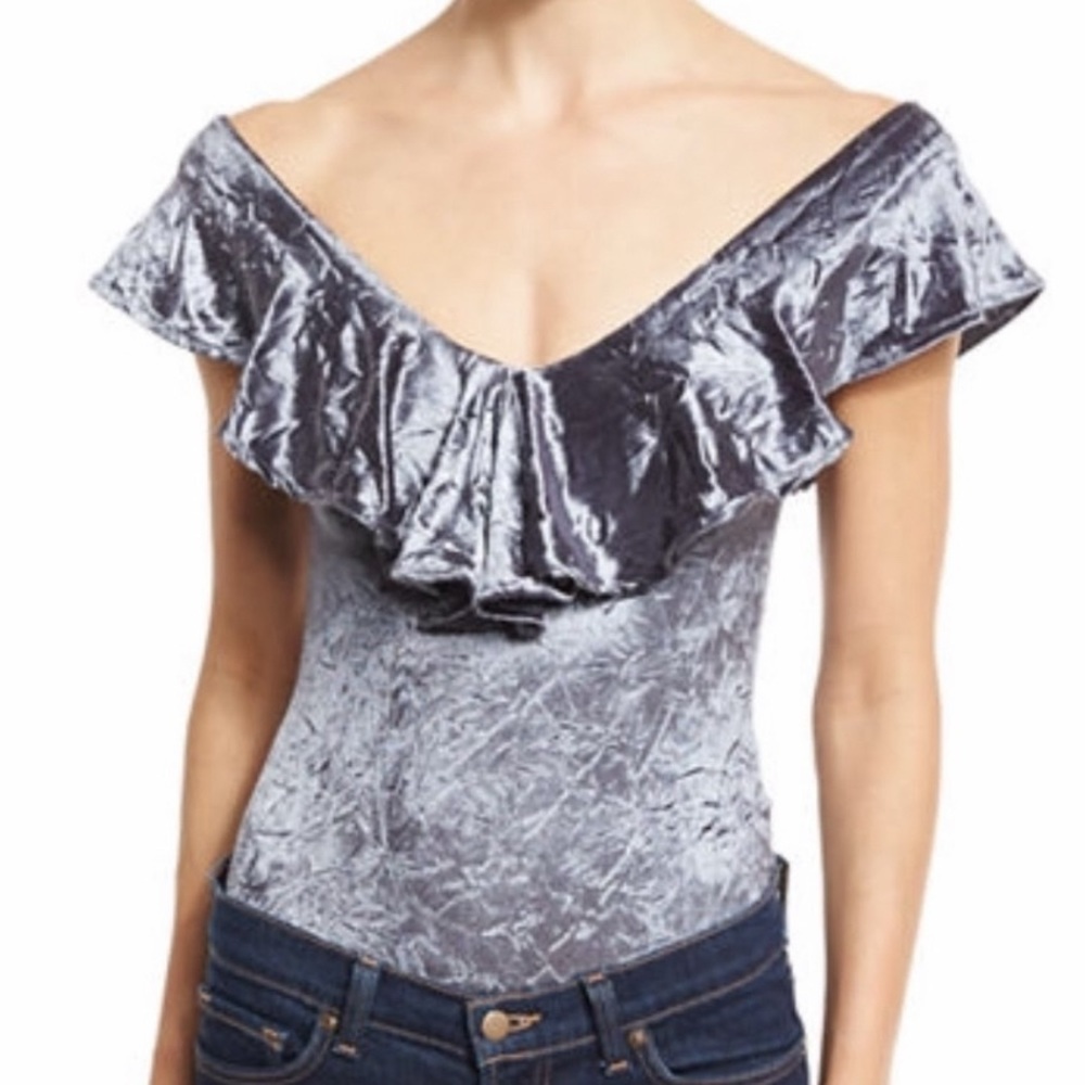 LBB Crushed Steel Velvet Silver Grey So Smooth‎ 1pc Ruffled Bodysuit Sz XS NWT